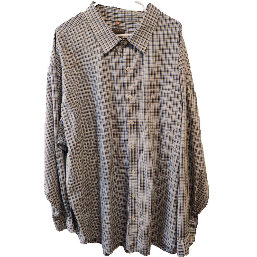 Men's Van Heusen Traveler Blue Plaid Button Down Long Sleeve Shirt Size 4XL-Big